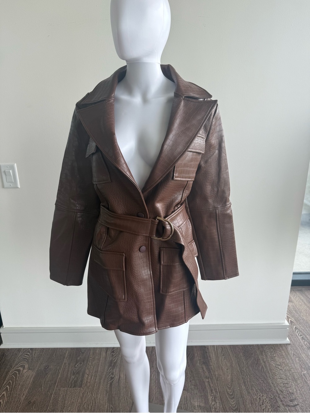 JLUXLABEL Brown Faux-Croc Leather Belted Jacket